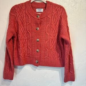 Old Navy Medium Crop Cardigan Chunky Cable Knit Cedar Rose Button Front